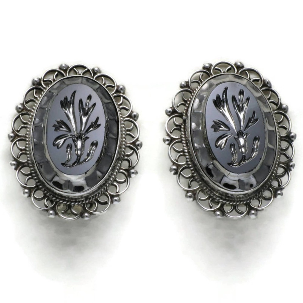 Mexico Sterling Silver Black Intaglio Cocktail Earrings